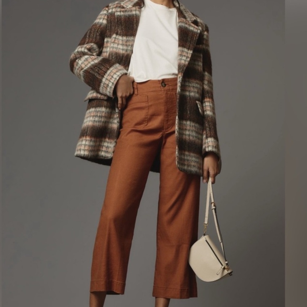 NWT Maeve Colette Cropped Linen Blend Wide-Leg Trousers in Rust